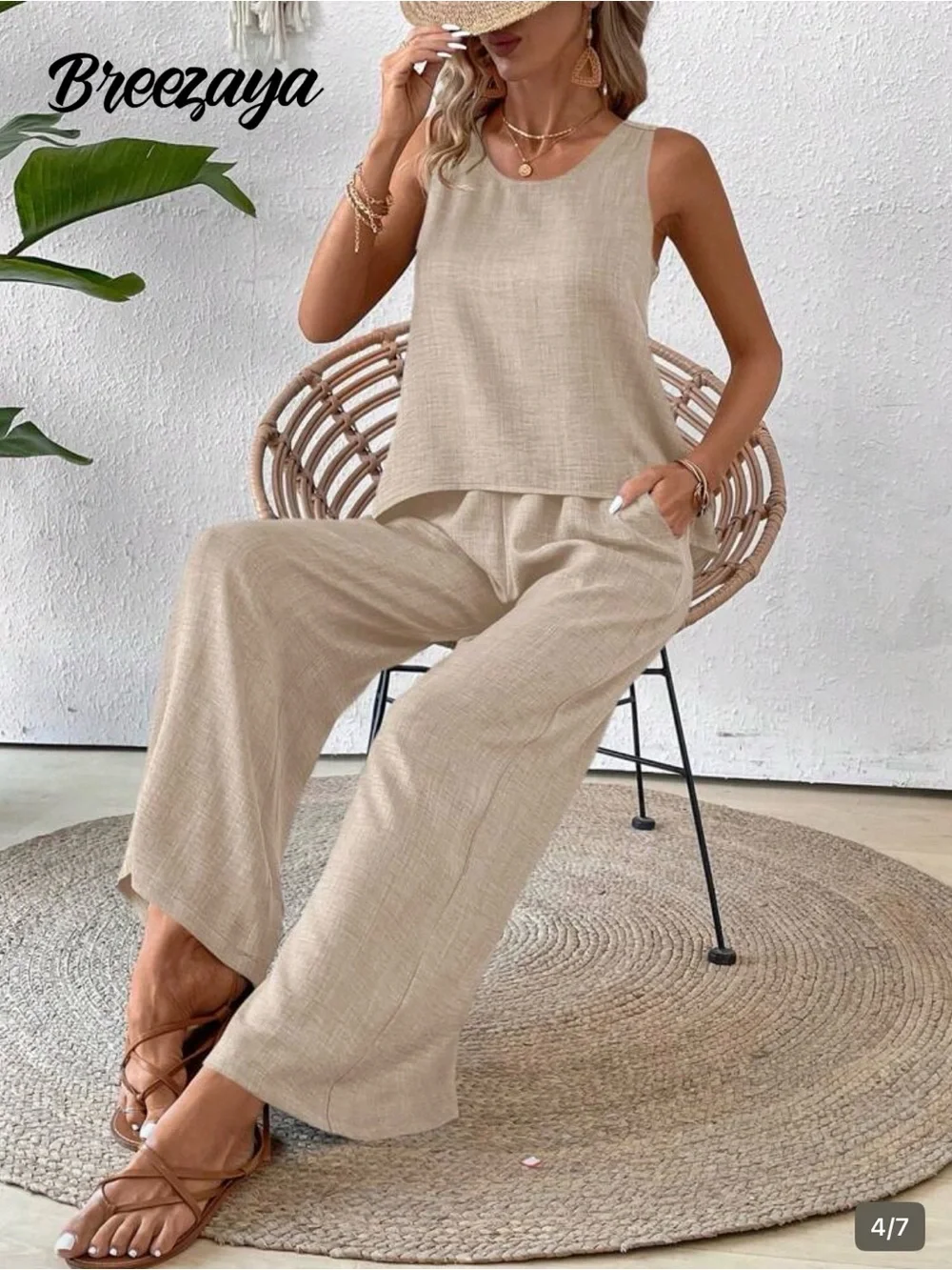 SHEIN Beige Crochet-Back Wide-Leg Jumpsuit - Picture 4 of 15